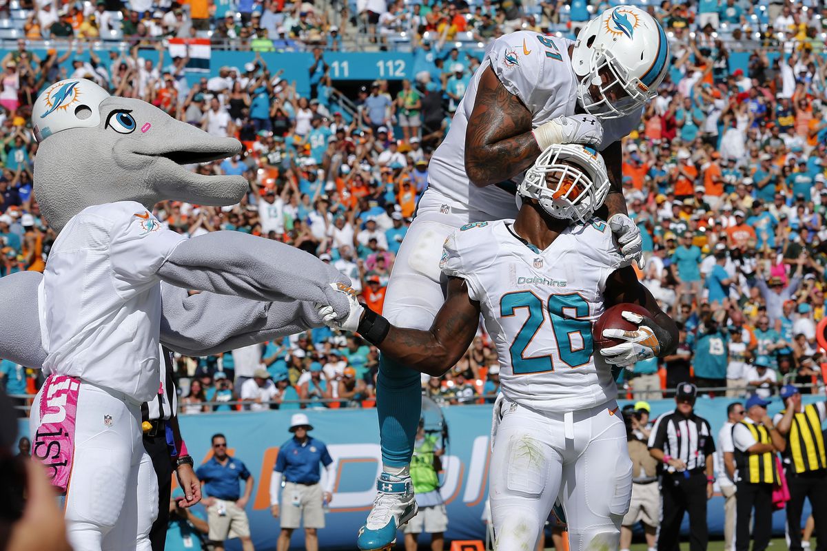 Dolphins RB Lamar Miller (26) celebrates a touchdown with teammate Mike Pouncey and the mascot
