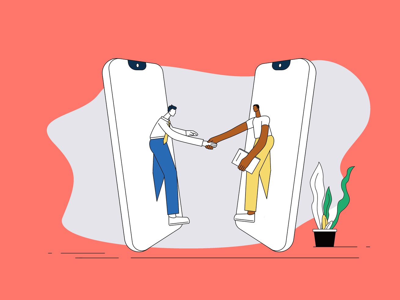 Illustration of two people stepping out of smartphones and shaking hands.