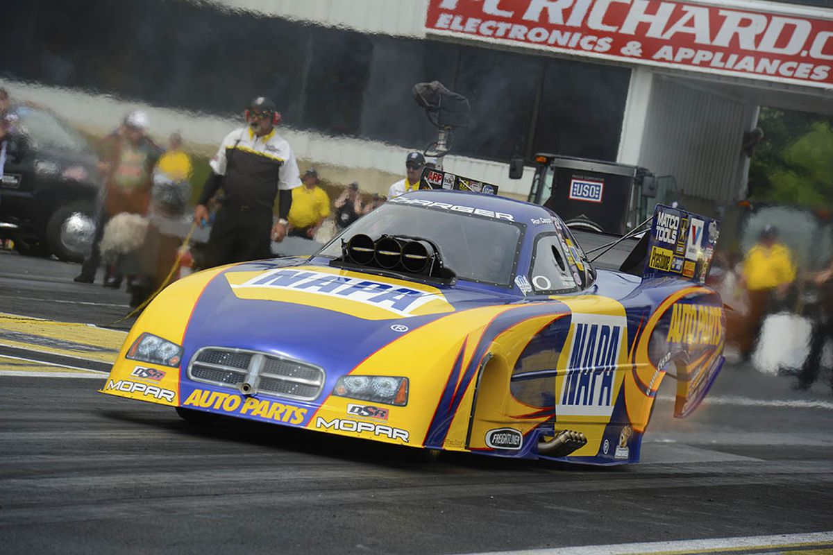 Ron Capps' DSR-owned NAPA Dodge set the history-making Funny Car pace last Sunday at the NHRA Toyota SuperNationals, helping in large part to restore the shine at Old Bridge Township Raceway Park at Englishtown, N.J. (Photo by Ron Lewis) 