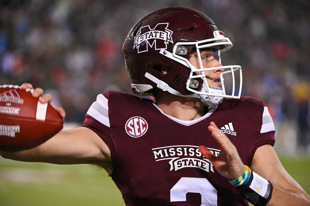 Mississippi State Bulldogs quarterback Will Rogers III (2) in action during the college football game between the Ole’ Miss Rebels and the Mississippi State Bulldogs on November 25, 2021, at Davis Wade Stadium in Starkville, MS.