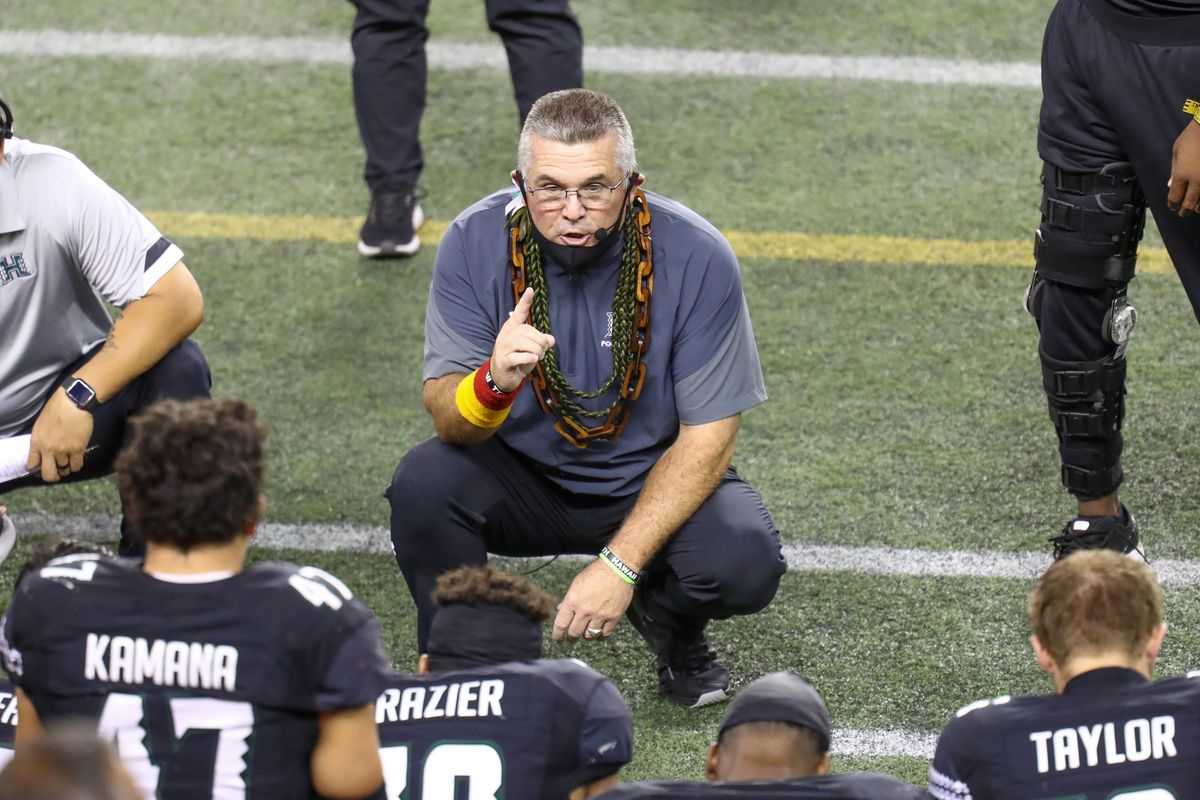Head coach Todd Graham of the Hawaii Rainbow Warriors coaches his players on the sideline during the second half against the Boise State Broncos at Aloha Stadium on November 21, 2020 in Honolulu, Hawaii.