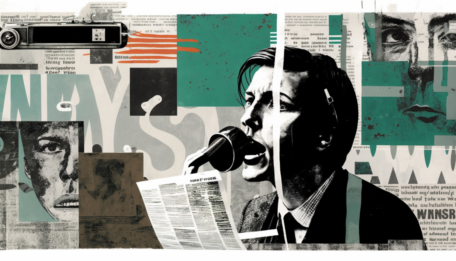 A collage-style illustration of a person in a suit speaking into a microphone, with images of newspapers and other text surrounding them, created by the AI tool Midjourney. 