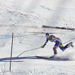 Lindsey Vonn of the United States crashes during the slalom portion of the women's super-combined on Thursday.