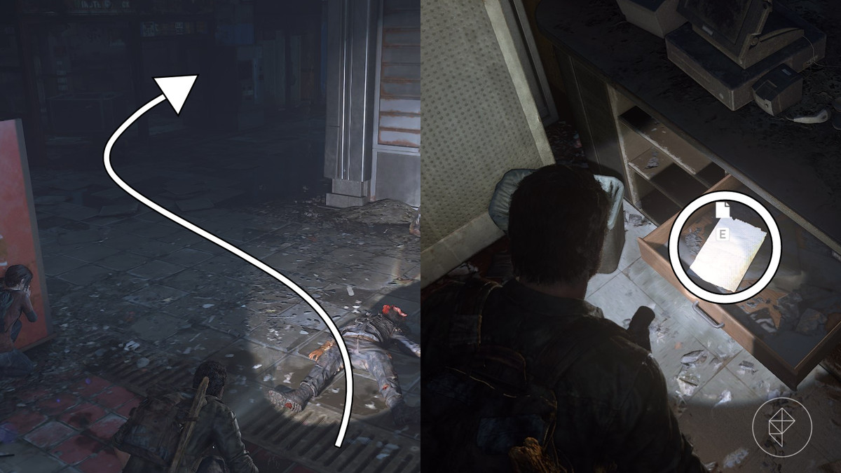 Note to Derek artifact location during the “Downtown” section of “The Outskirts” chapter in The Last of Us Part 1.