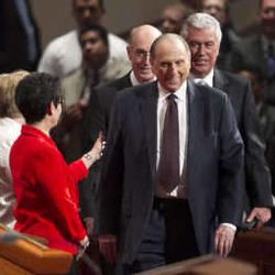 President Thomas S. Monson and his Counselors Henry B. Eyring and Dieter F. Uchtdorf walk onto the stand prior to the start of the morning session of 183 annual General Conference of the Church of Jesus Christ of Latter Day Saints Saturday, April 6, 2013 inside the Conference Center.
