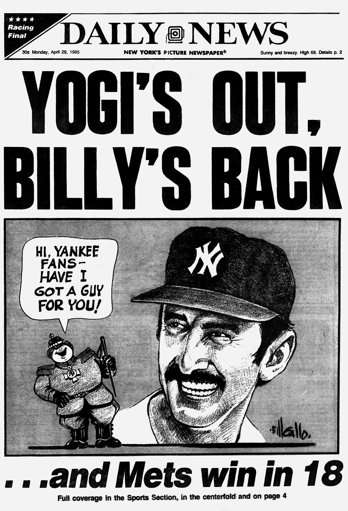 Daily News Front page headline, April 29,1985. , YOGI’S OUT,