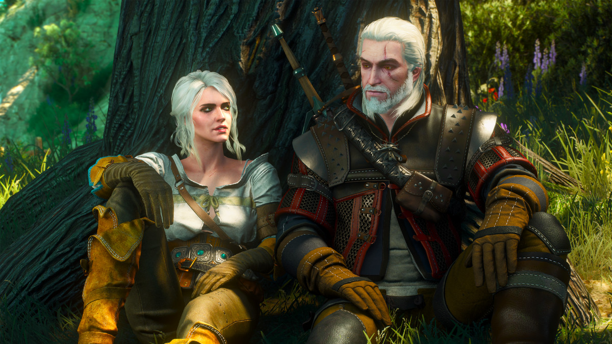 The Witchers Ciri and Geralt of Rivia rest against the trunk of a tree in The Witcher 3: Wild Hunt’s next-gen upgrade on Xbox Series X