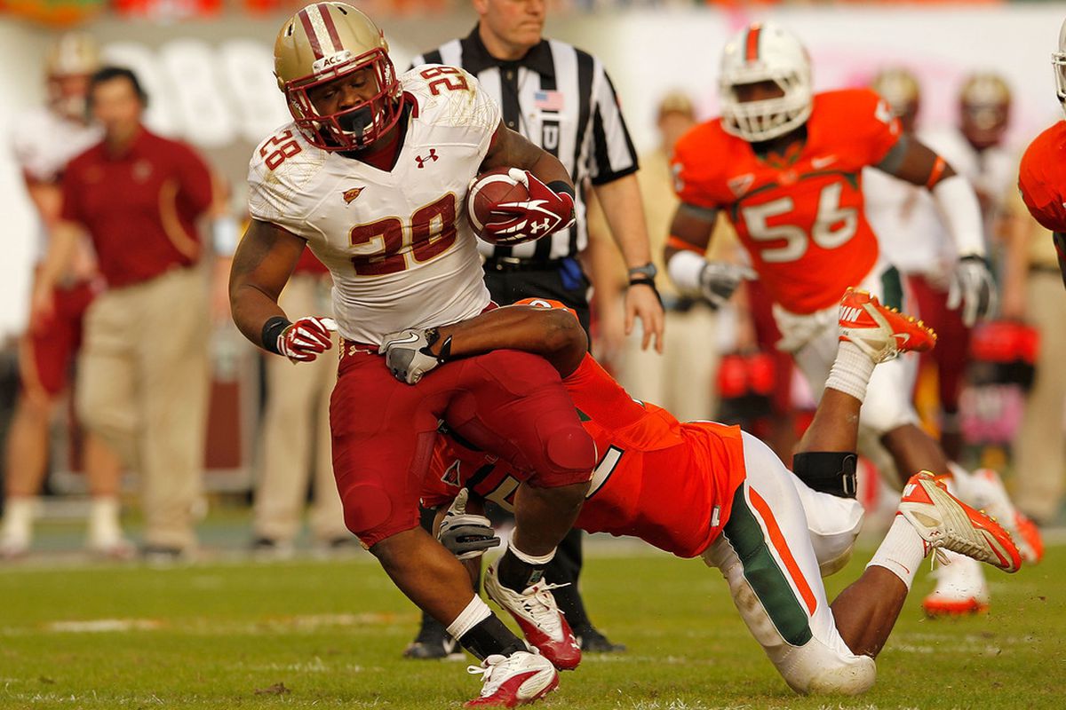 MIAMI GARDENS, FL - NOVEMBER 25:  Rolandan Finch #28 of the Boston College Eagles rushes during a game against the Miami Hurricanes at Sun Life Stadium on November 25, 2011 in Miami Gardens, Florida.  (Photo by Mike Ehrmann/Getty Images)
