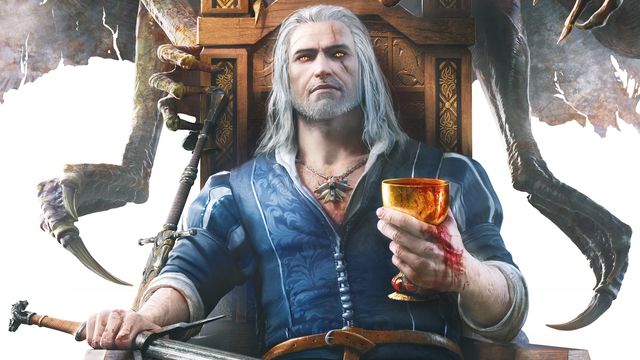 Geralt sits on a throne with goblet and sword in hand in artwork from The Witcher 3: Blood & Wine