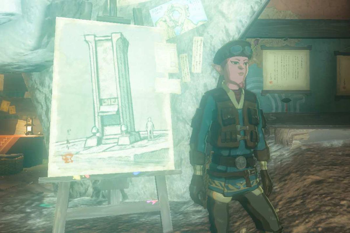 The archeologist Wortsworth stands next to his studies of stone tablets in Zelda: Tears of the Kingdom