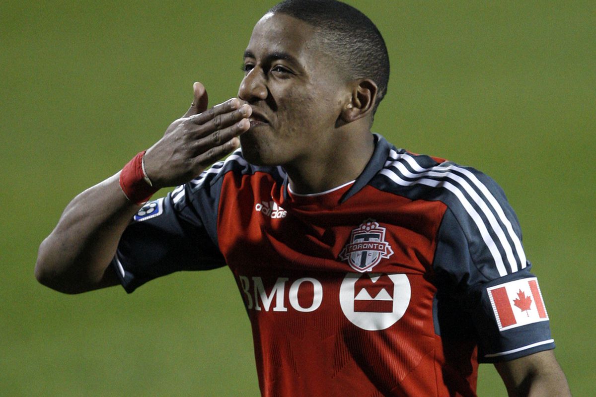 TORONTO, CANADA - MAY 7: Joao Plata #7 of Toronto FC celebrates his goal against the Houston Dynamo during MLS action at BMO Field May 7, 2011 in Toronto, Ontario, Canada. (Photo by Abelimages/Getty Images)