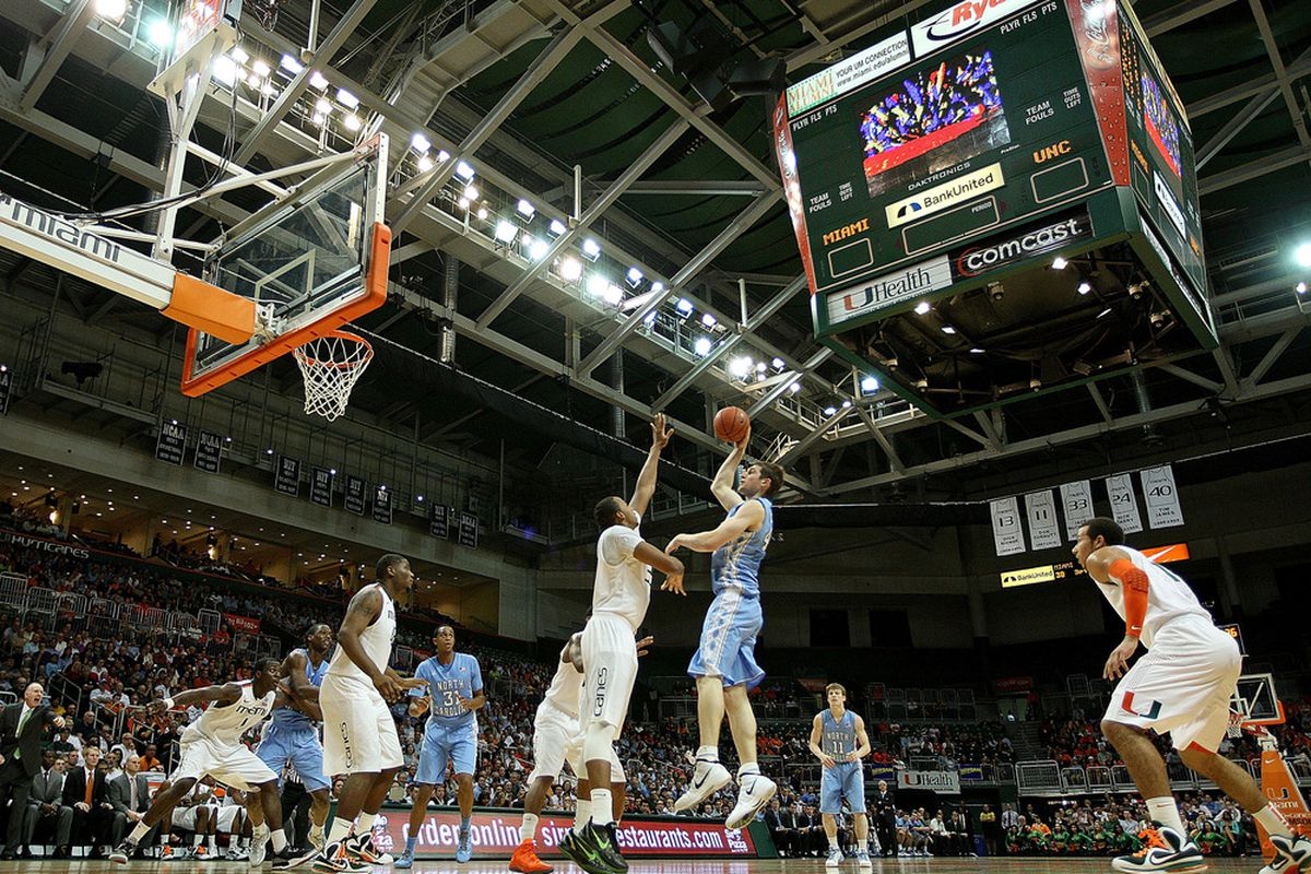 Tyler Zeller shoots over Kenny Kadji during a game at the BankUnited Center on February 15, 2012 in Coral Gables, Florida.