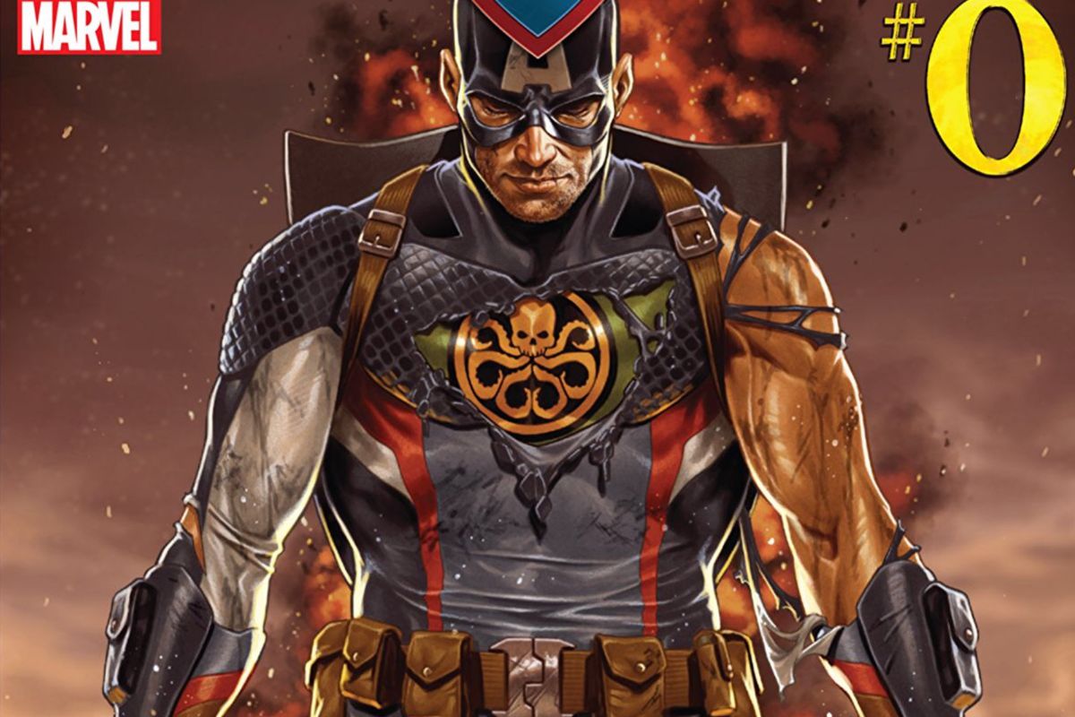 Captain America, his classic uniform torn away to reveal a Hydra one, on the cover of Secret Empire #0