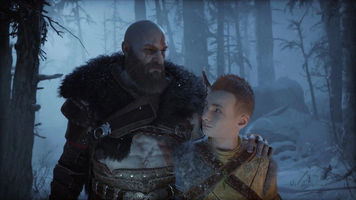 Kratos puts his arm around Atreus while standing in the woods in God of War Ragnarok