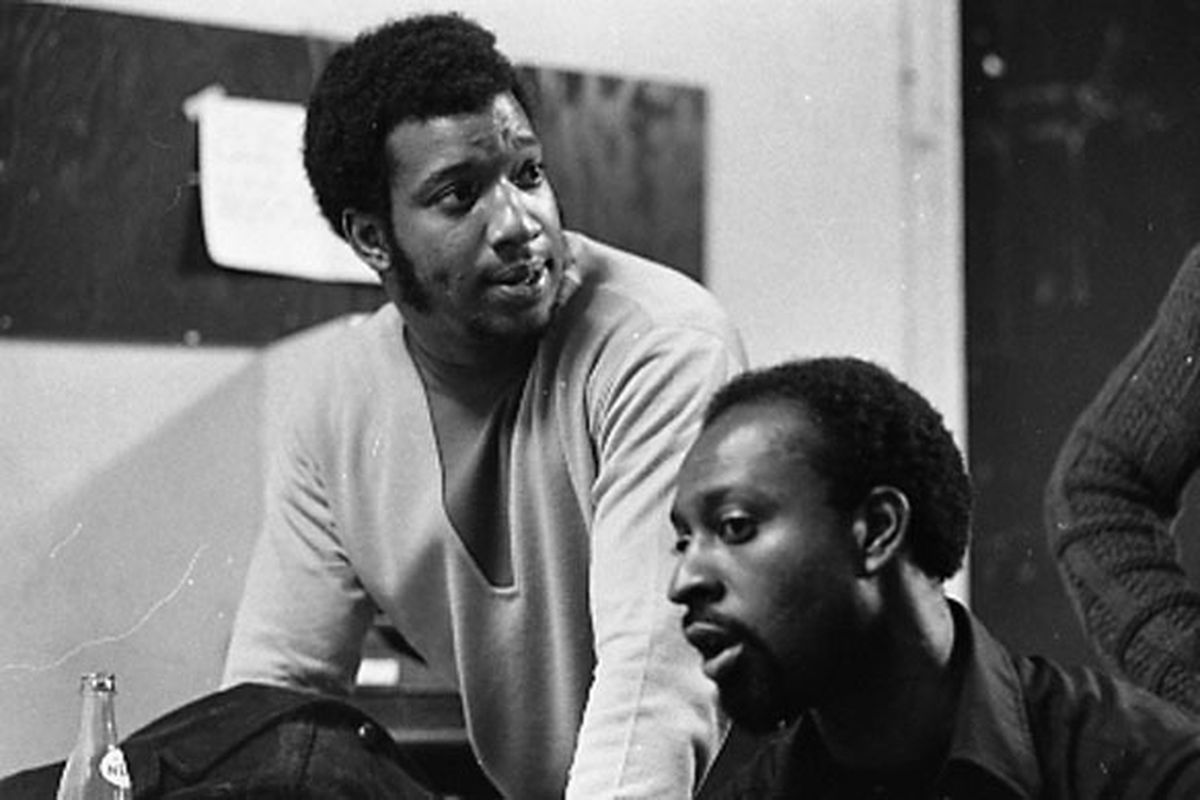 Fred Hampton and R. Chaka Walls, deputy minister of information for the Black Panther Party, Ill, discuss the fate of Bobby Seale in November 1969.