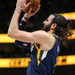 Utah Jazz guard Ricky Rubio (3) shoots during the game against the Atlanta Hawks at Vivint Smart Home Arena in Salt Lake City on Tuesday, March 20, 2018.