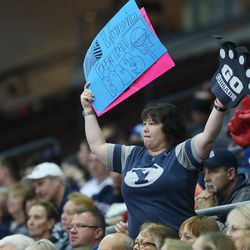 A BYU fan cheers during the WCC tournament in Las Vegas Monday, March 7, 2016. BYU won 87-67.