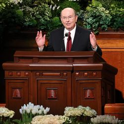 Elder Quentin L. Cook of the LDS Church’s Quorum of the Twelve Apostles speaks in the Conference Center in Salt Lake City during the afternoon session of the LDS Church’s 187th Annual General Conference on Sunday, April 2, 2017.