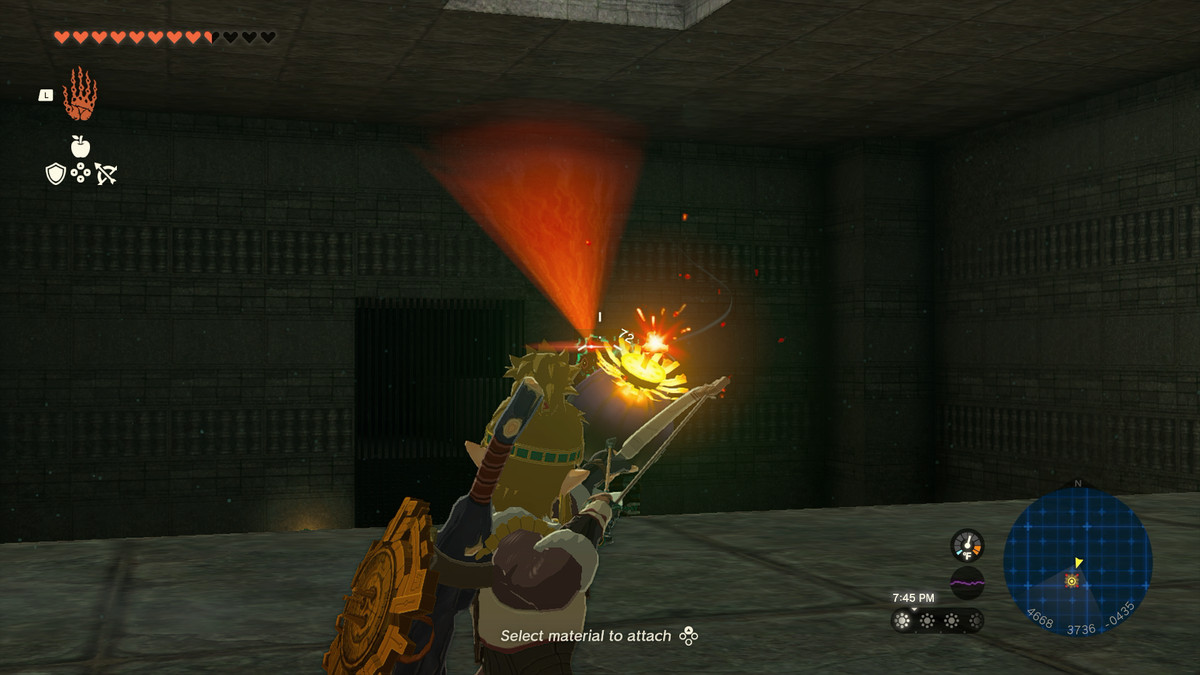 Link draws his bow against the top of a Flux Construct II enemy in Tears of the Kingdom