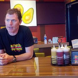 Flay shoots a promo for the College Park Bobby's Burger Palace.