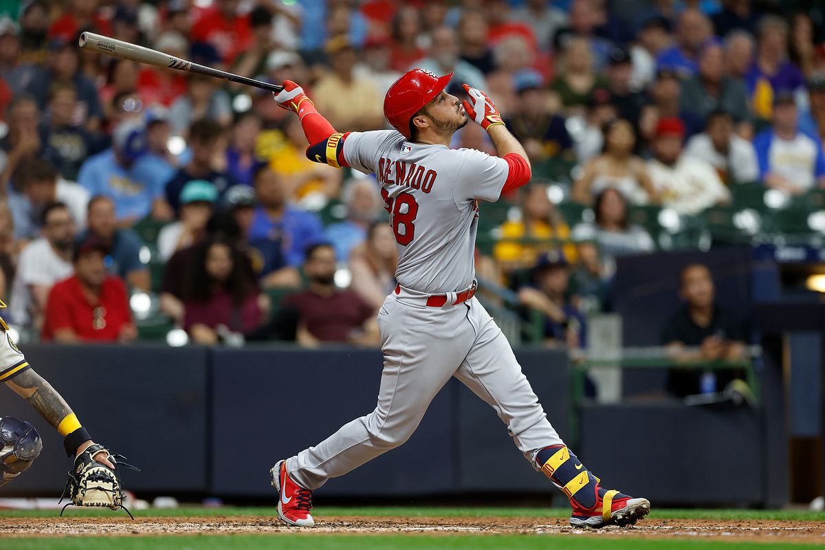 Nolan Arenado #28 of the St. Louis Cardinals swings at a pitch against the Milwaukee Brewers at American Family Field on June 22, 2022 in Milwaukee, Wisconsin. Cardinals defeated the Brewers 5-4.