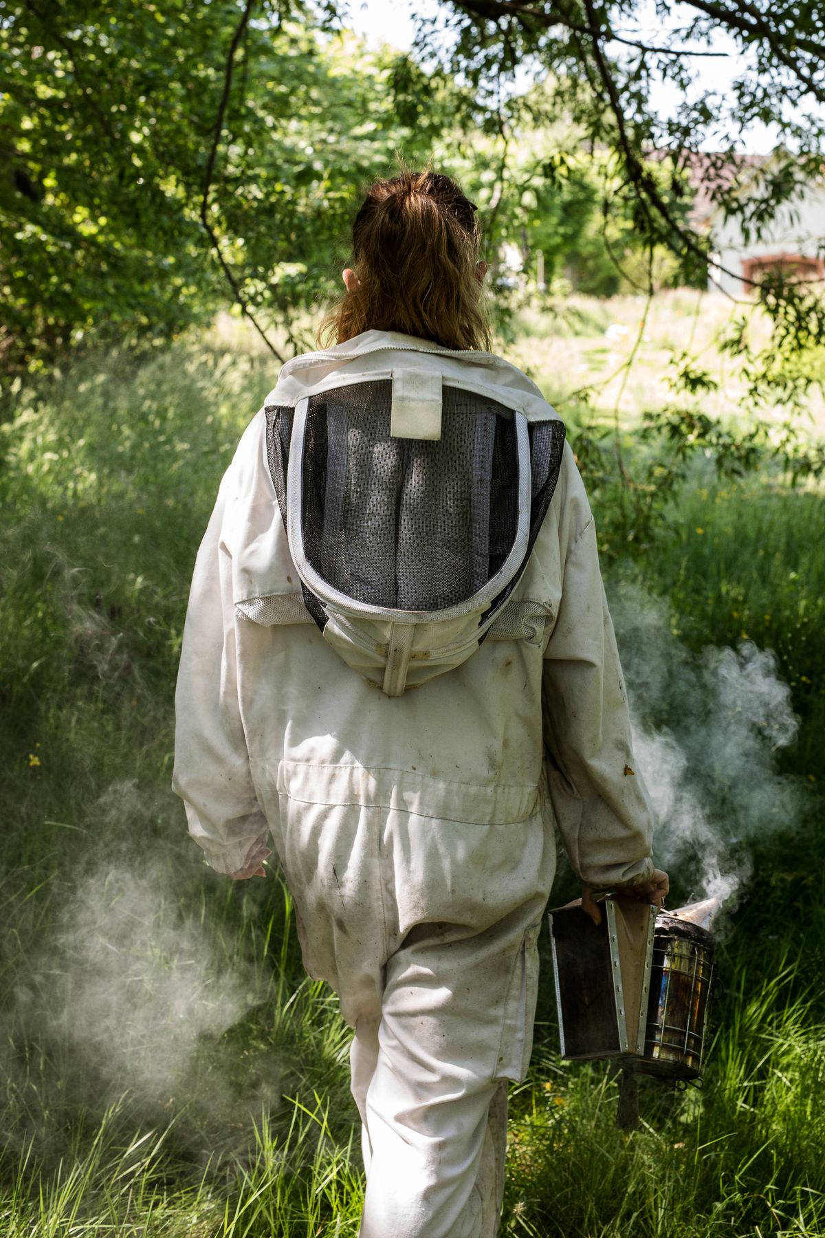 A person walks away from the camera in a bee keeping suit.