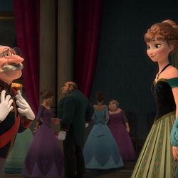 This image released by Disney shows, from left, Duke Weselton, voiced by Alan Tudyk, Anna, voiced by Kristen Bell, and Elsa the Snow Queen, voiced by Idina Menzel, in a scene from the animated feature "Frozen." 