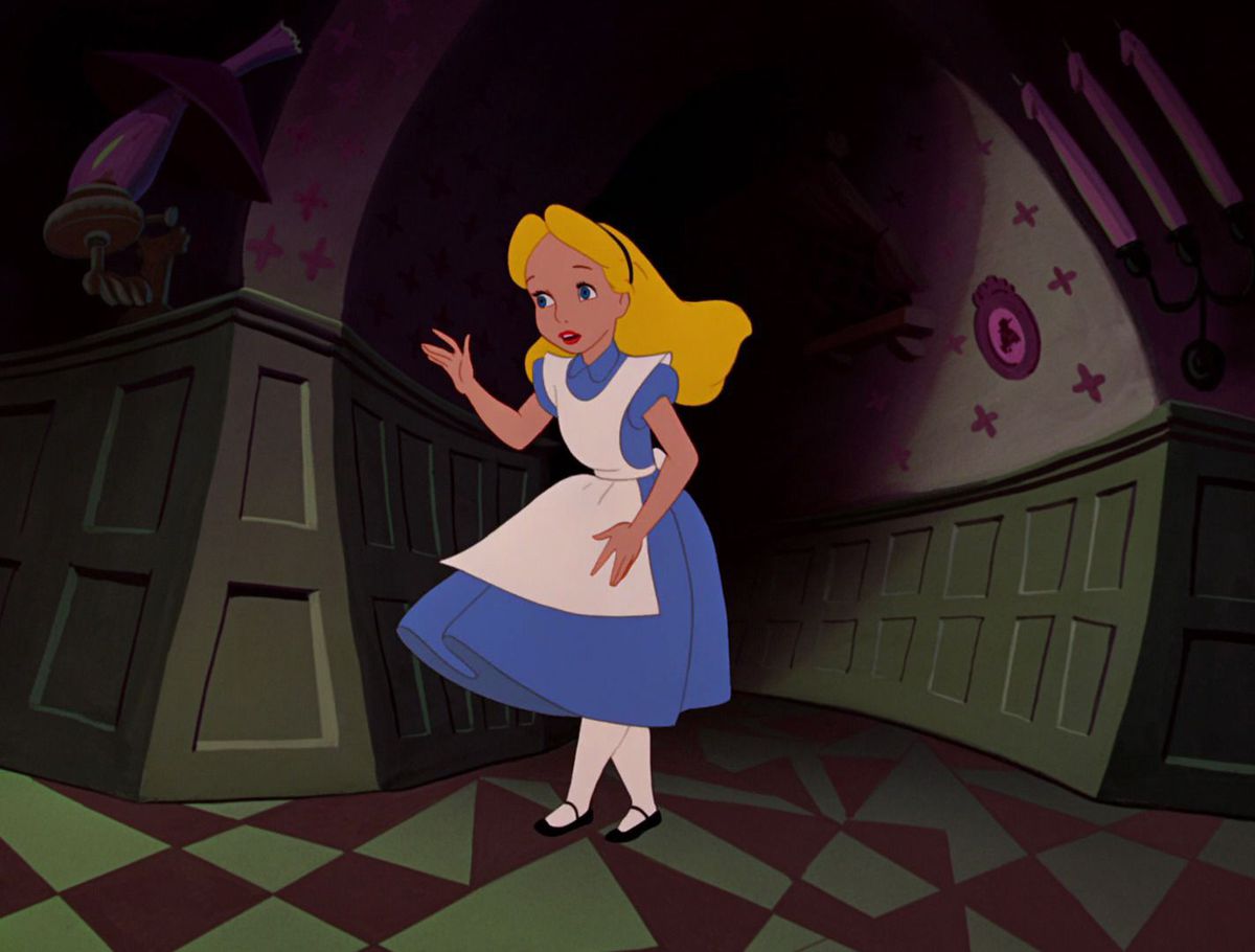 alice trapped in a hallway with warped doors