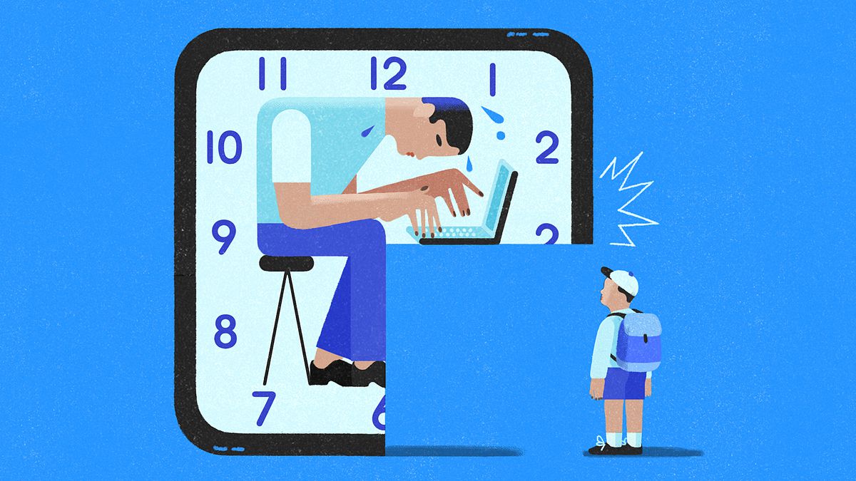 An illustration shows a worker bending over a laptop, sweat gushing from their brow. Worker and laptop are transposed over the face of a clock. The hours of 3 to 6 are cut from the clock face, and in their place is a kid with a backpack looking up at the worker.