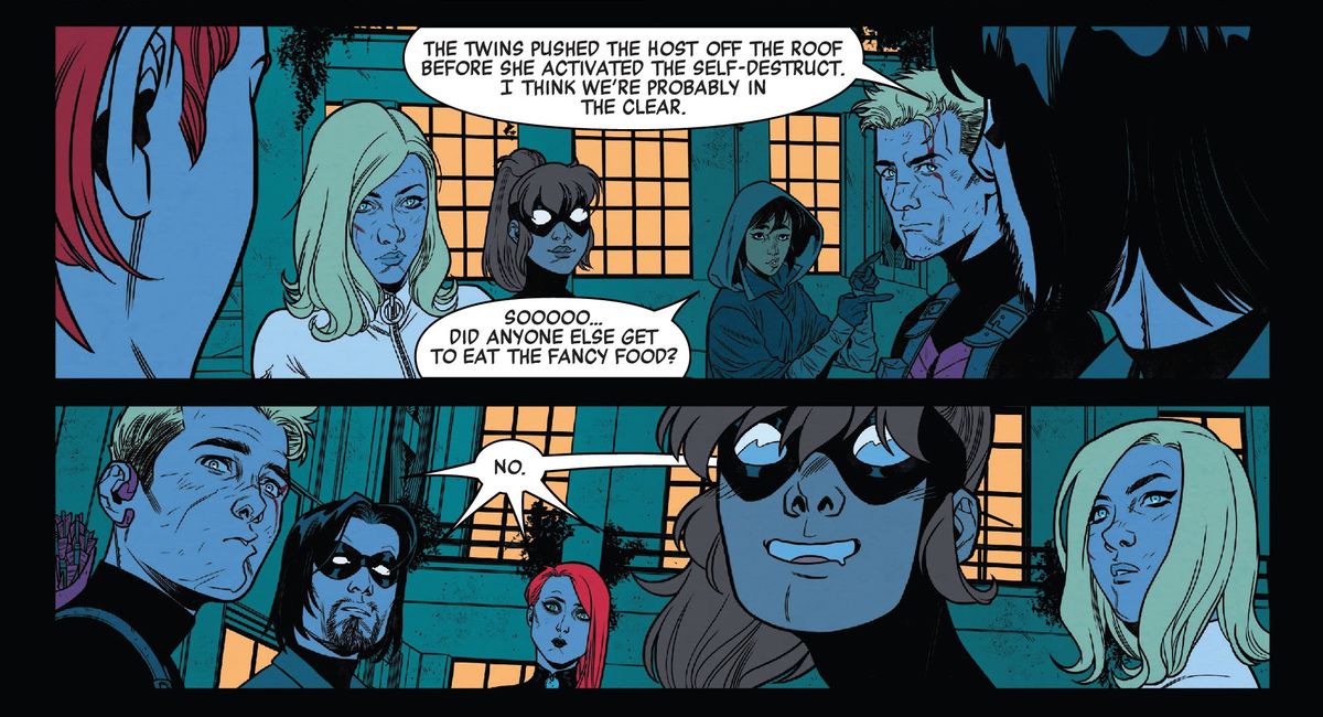 “I think we’re probably in the clear,” says the Winter Soldier. “Sooo... did anyone else get to eat the fancy food?” asks another member of the team. “No,” the rest say simultaneously, some of them drooling in Black Widow #15 (2022). 