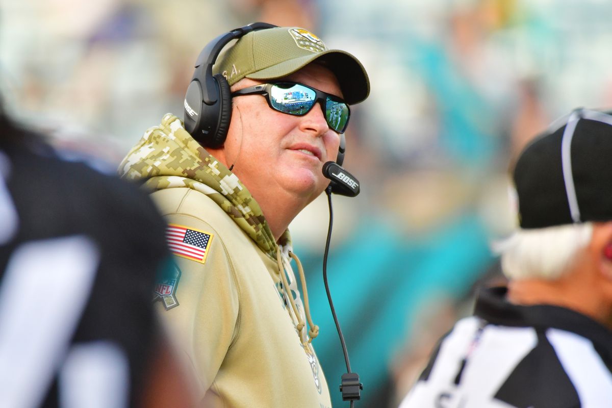 Head coach Doug Marrone of the Jacksonville Jaguars looks to the replay board during a timeout in the second half of a football game against the Tampa Bay Buccaneers at TIAA Bank Field on December 01, 2019 in Jacksonville, Florida.