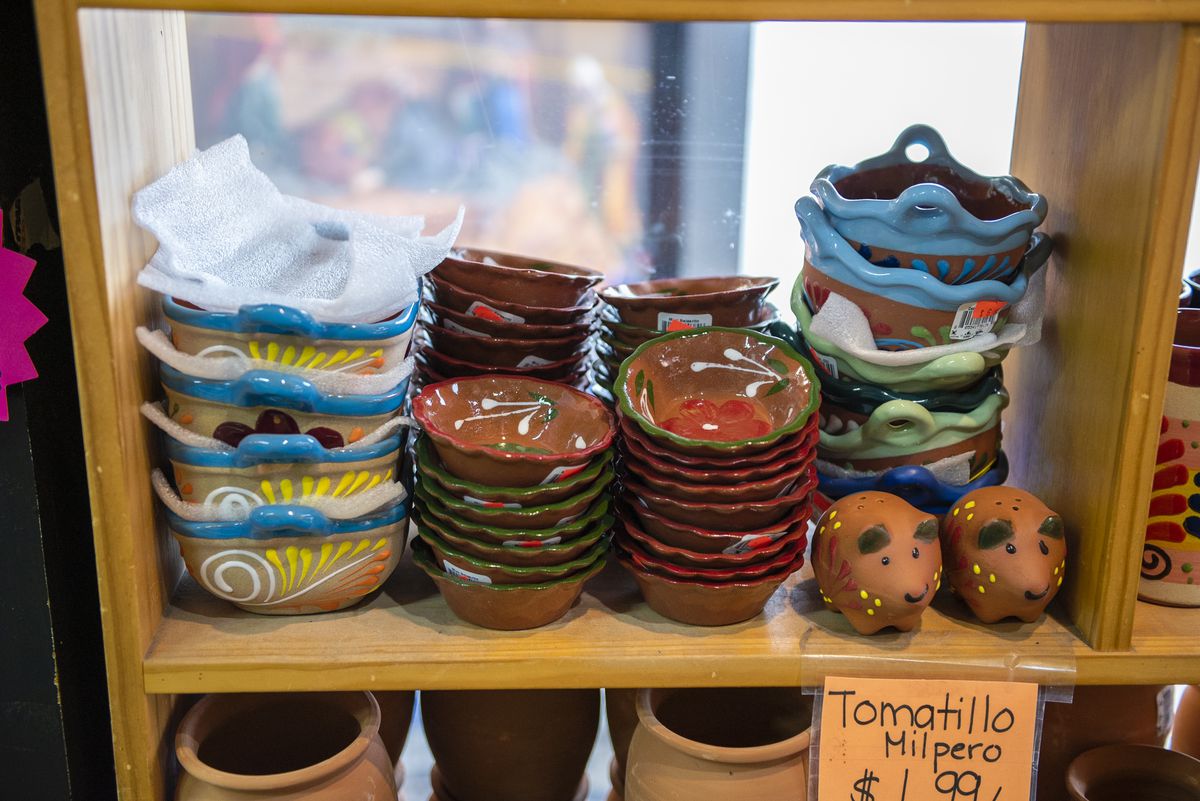 Ceramic dishes imported from Mexico on display at Algo Especial in Hubbard Richard, Detroit, Michigan.