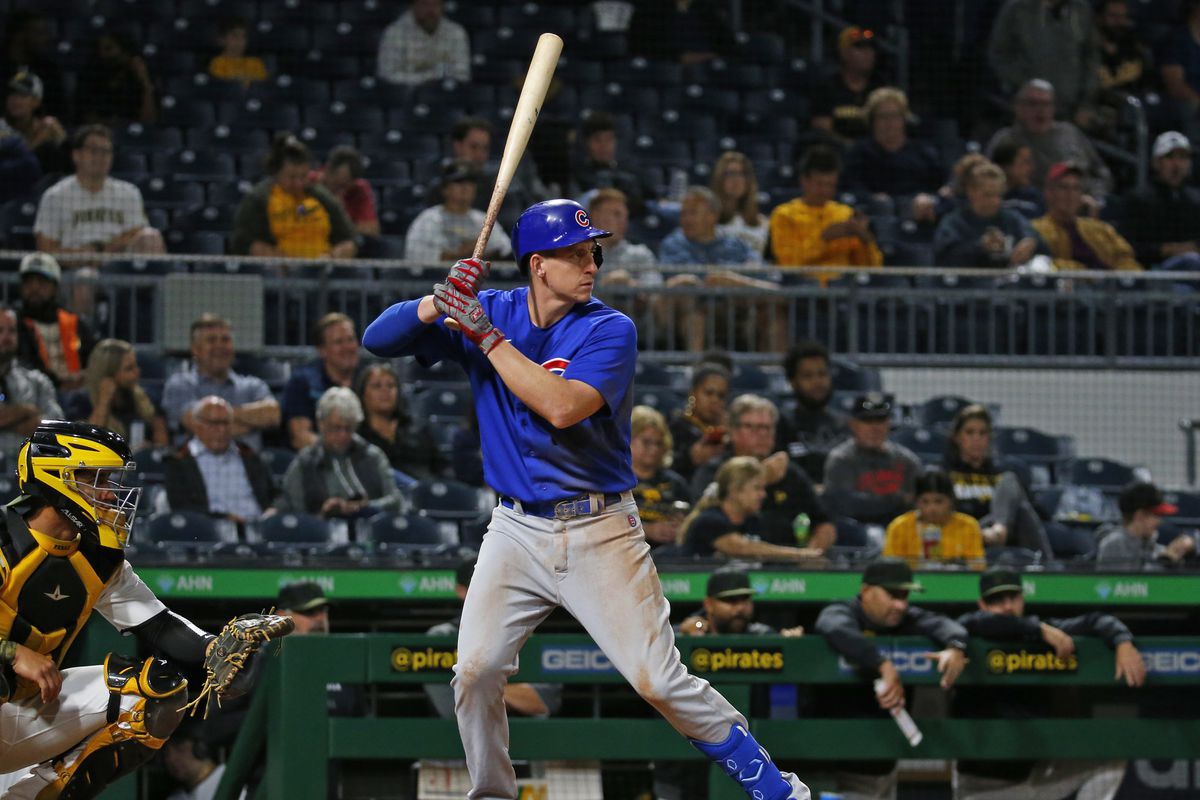 Frank Schwindel #18 of the Chicago Cubs in action against the Pittsburgh Pirates during the game at PNC Park on September 29, 2021 in Pittsburgh, Pennsylvania.