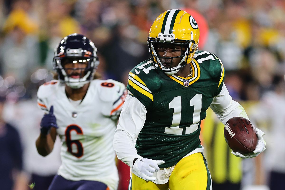 Sammy Watkins #11 of the Green Bay Packers runs with the ball after a reception against the Chicago Bears at Lambeau Field on September 18, 2022 in Green Bay, Wisconsin.