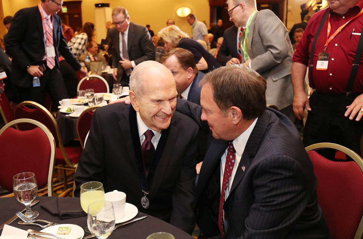 LDS Church President Russell M. Nelson speaks with Gov. Gary Herbert at the Utah Technology Innovation Summit in Salt Lake City on Wednesday, June 6, 2018. President Nelson was given a lifetime achievement award for his accomplishments as a heart surgeon 
