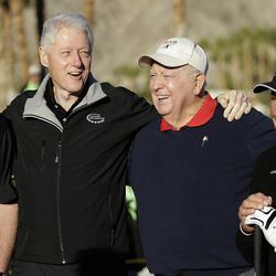 From left, Mike McCallister, Humana Chairman of the Board, former President Bill Clinton, Billy Casper, and Gary Player pose for a photo on the Palmer Private Course at PGA West during the first round of the Humana Challenge PGA golf tournament Thursday, Jan. 17, 2013, in La Quinta, Calif. Casper, a prolific winner on the PGA Tour whose career was never fully appreciated in the era of the "Big Three," died Saturday, Feb. 7, 2015, at his home in Utah. He was 83. 