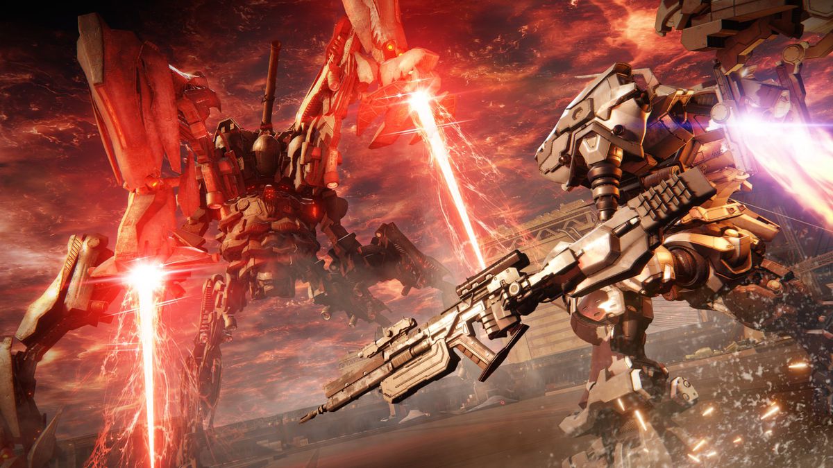 An Armored Core wielding an assault rifle faces a giant mecha in a screenshot from Armored Core 6: Fires of Rubicon