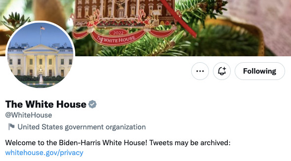A screenshot of the White House's Twitter profile with a new gray check mark.