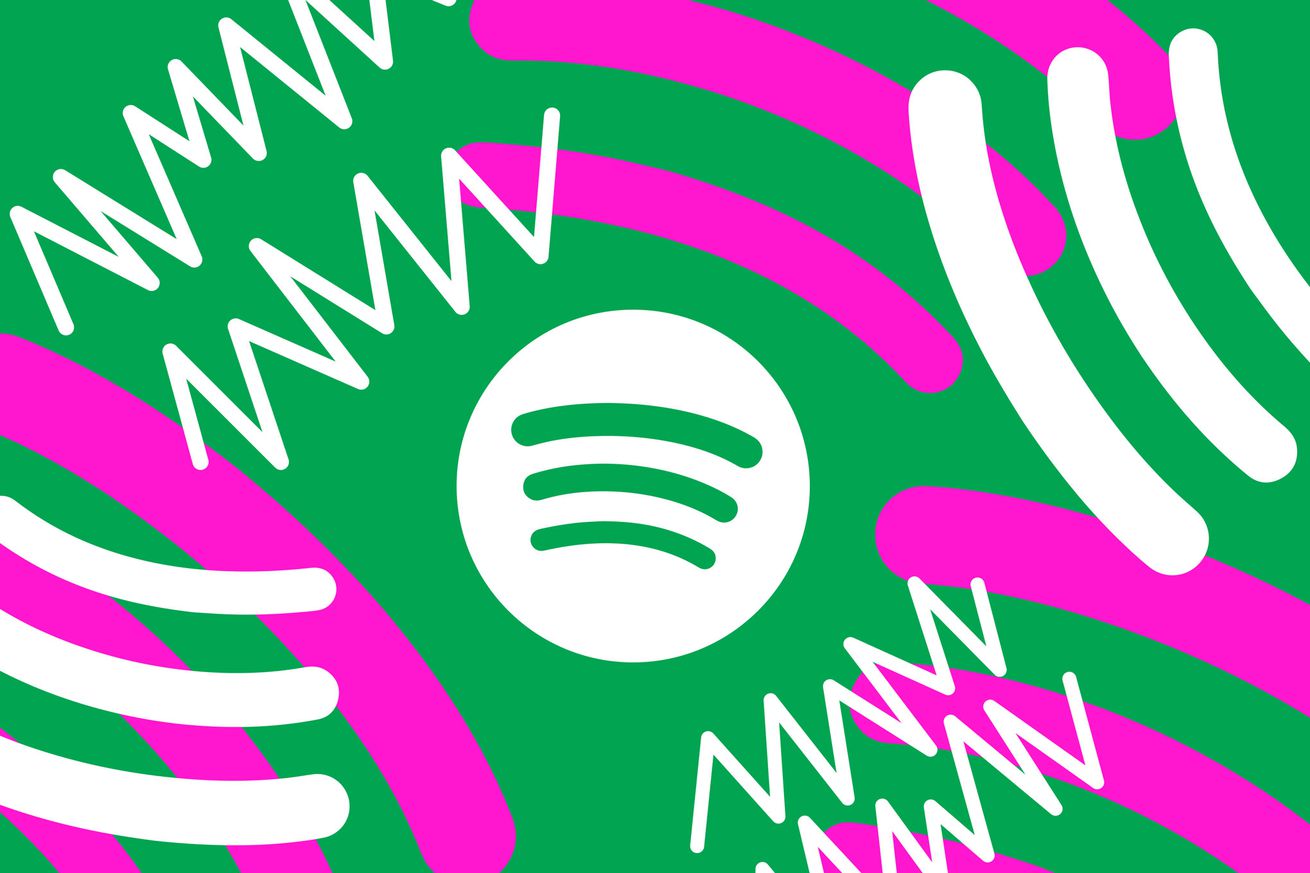 An illustration of the Spotify logo surrounded by noise lines in white, purple, and green.
