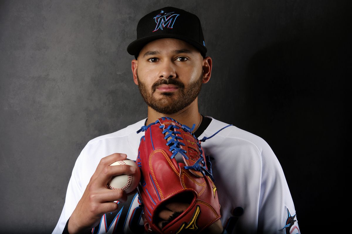 Pablo Lopez #49 of the Miami Marlins poses for a photo during the Miami Marlins Photo Day at Roger Dean Stadium on Wednesday, March 16, 2022 in Jupiter, Florida.