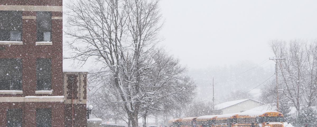 Yellow school buses line up outside a school as snow falls