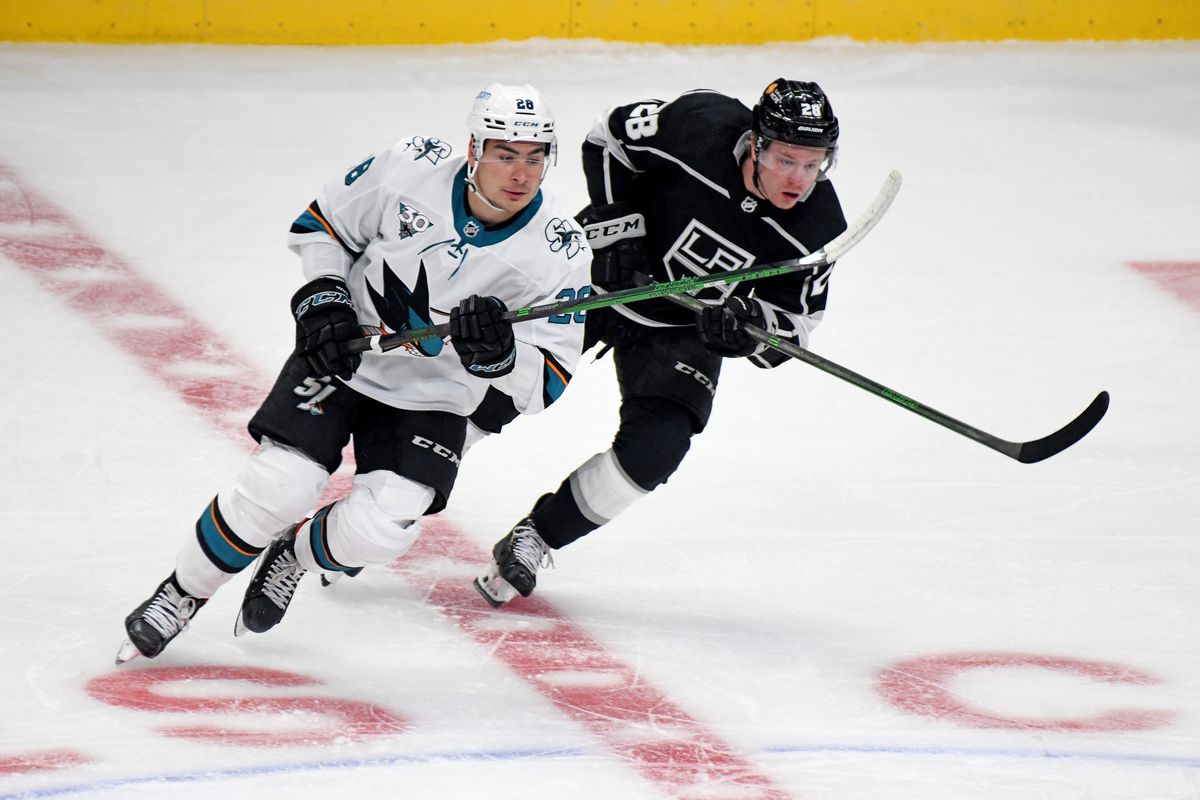 San Jose Sharks Right Wing Timo Meier (28) and Los Angeles Kings Center Jaret Anderson-Dolan (28) battle for the puck during an NHL game on April 02, 2021, at the Staples Center in Los Angeles, CA.