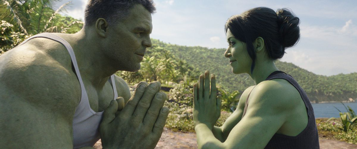 Hulk and She-Hulk bowing to each other with their hands in prayer position in She-Hulk: Attorney at Law