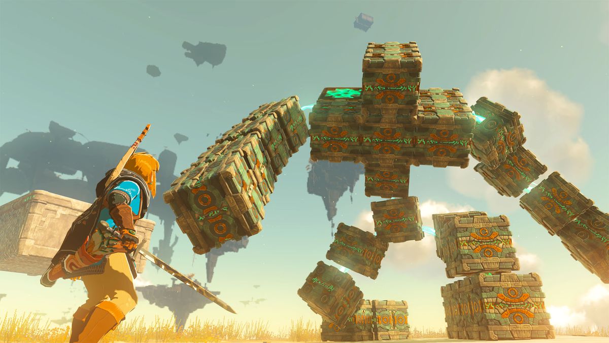 Link squares off against a massive Zonai construct boss on a sky island in The Legend of Zelda: Tears of the Kingdom