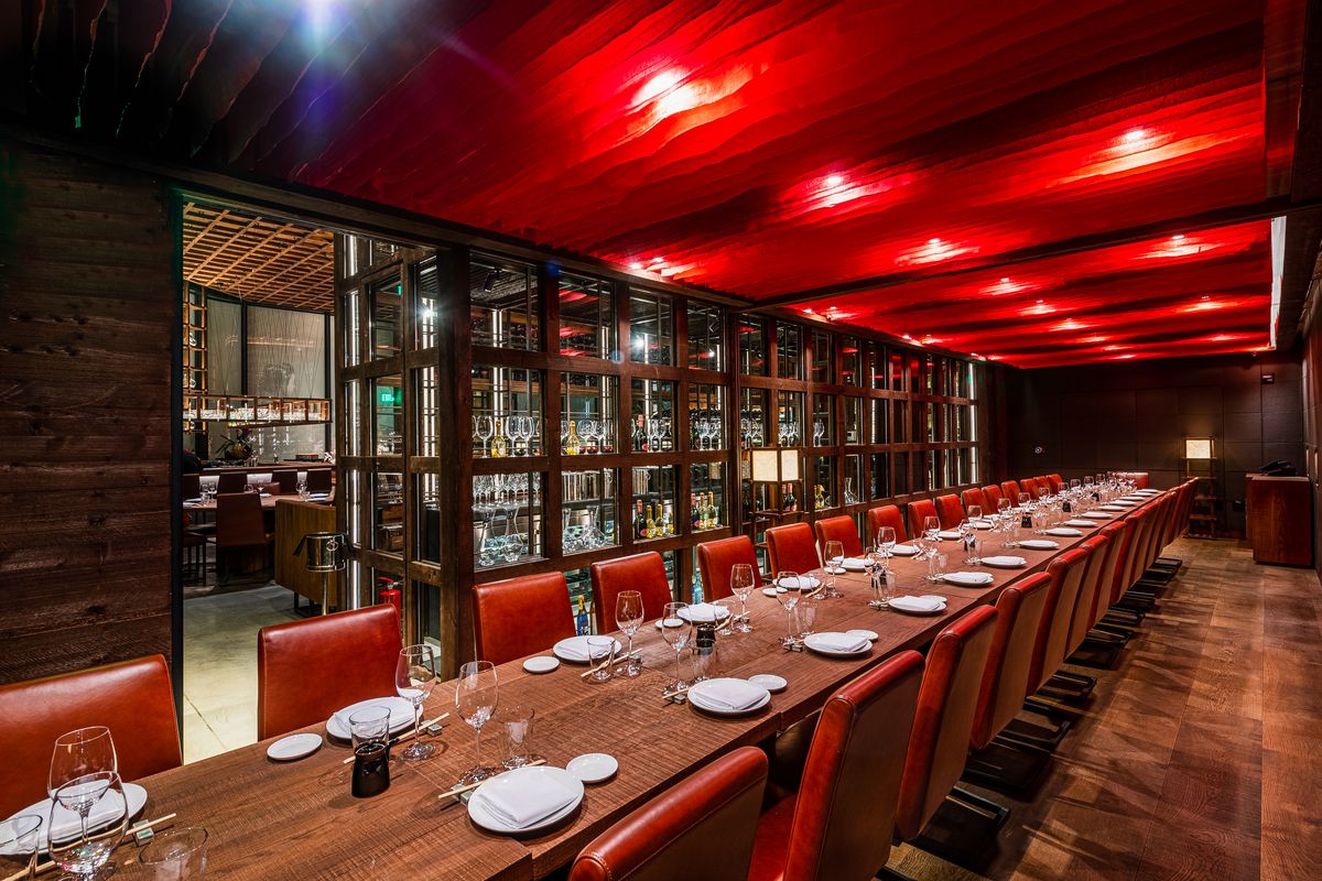 A red-toned private dining room