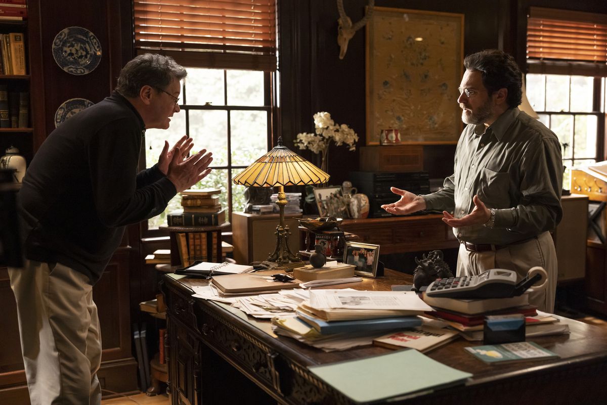 Colin Firth arguing with Michael Stuhlbarg in a still from The Staircase