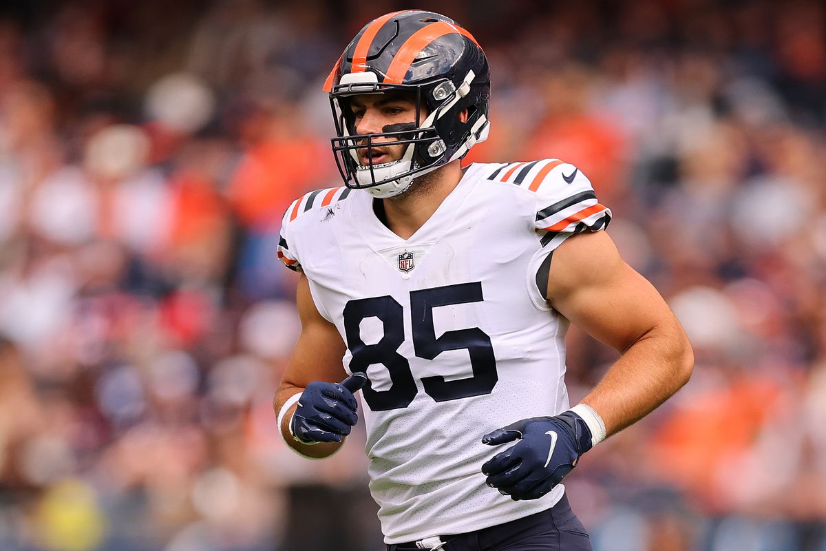 Cole Kmet #85 of the Chicago Bears in action against the Houston Texans at Soldier Field on September 25, 2022 in Chicago, Illinois.