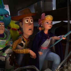 Buzz Lightyear (Tim Allen), from left, Bunny (Jordan Peele), Ducky (Keegan-Michael Key), Woody (Tom Hanks) and Bo Peep (Annie Potts) in a scene from "Toy Story 4."