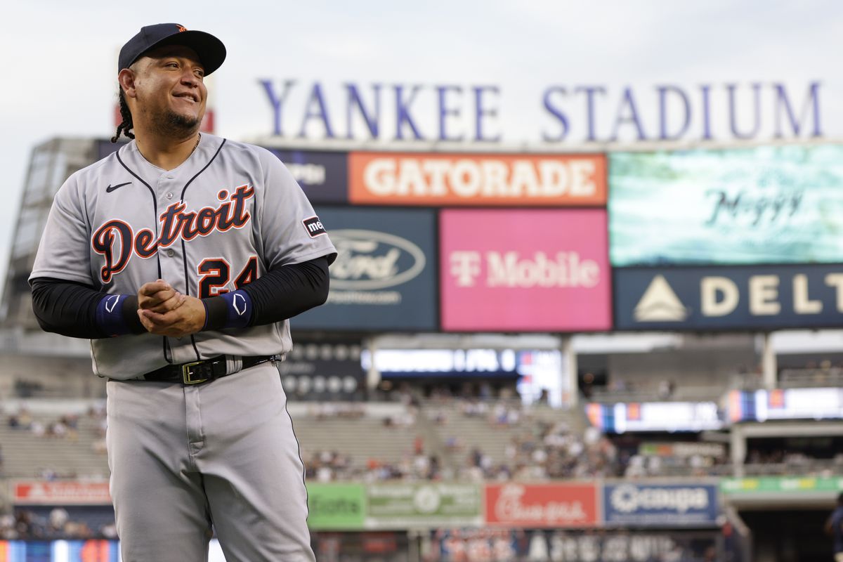 Miguel Cabrera of the Detroit Tigers is honored during a pre-game ceremony before their game against the New York Yankees celebrating his upcoming retirement at Yankee Stadium on September 5, 2023 in New York City. It is Cabreras last visit to the Bronx as he announced his retirement after the season. The Yankees defeated the Tigers 5-1.