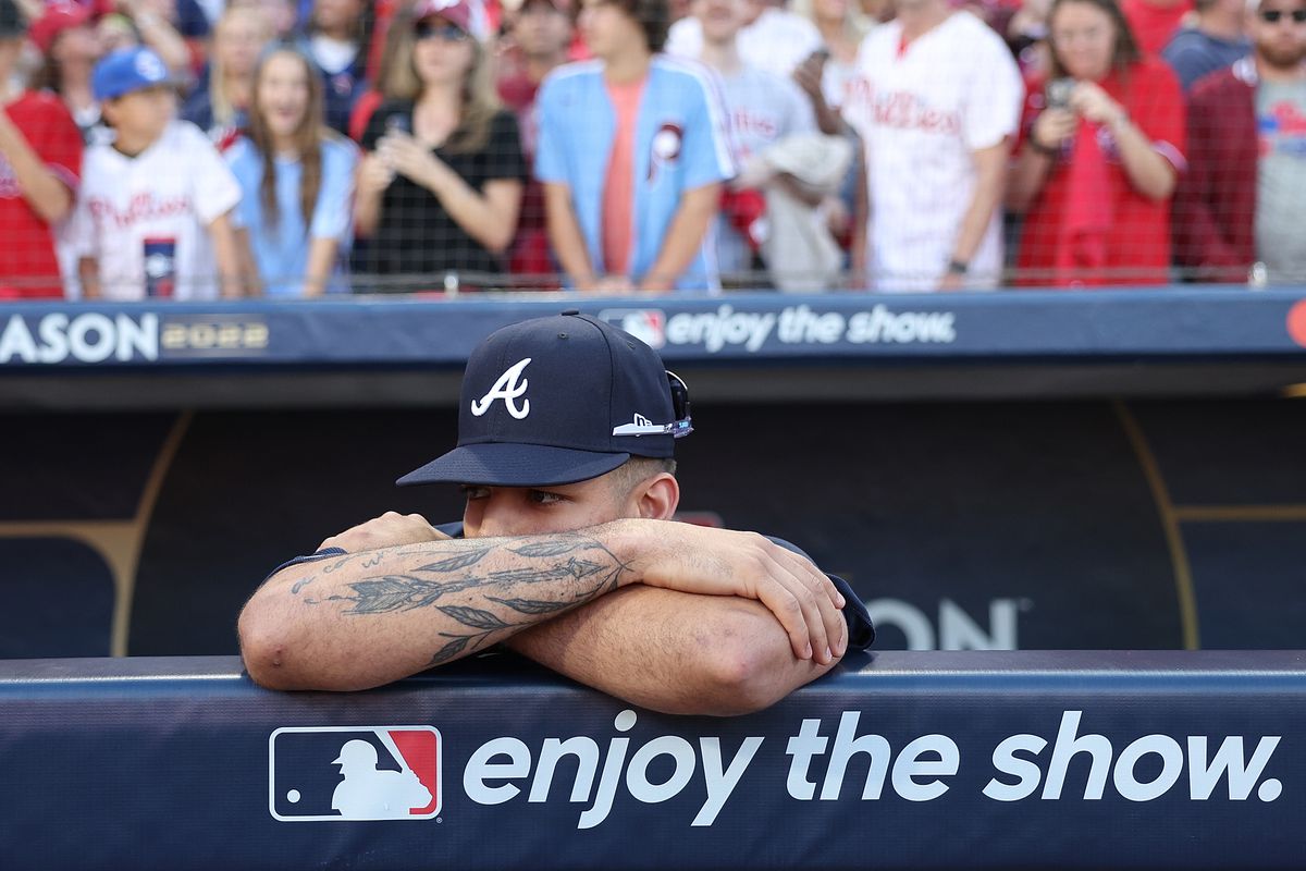 Vaughn Grissom #18 of the Atlanta Braves sits in the dugout after losing to the Philadelphia Phillies in game four of the National League Division Series at Citizens Bank Park on October 15, 2022 in Philadelphia, Pennsylvania.